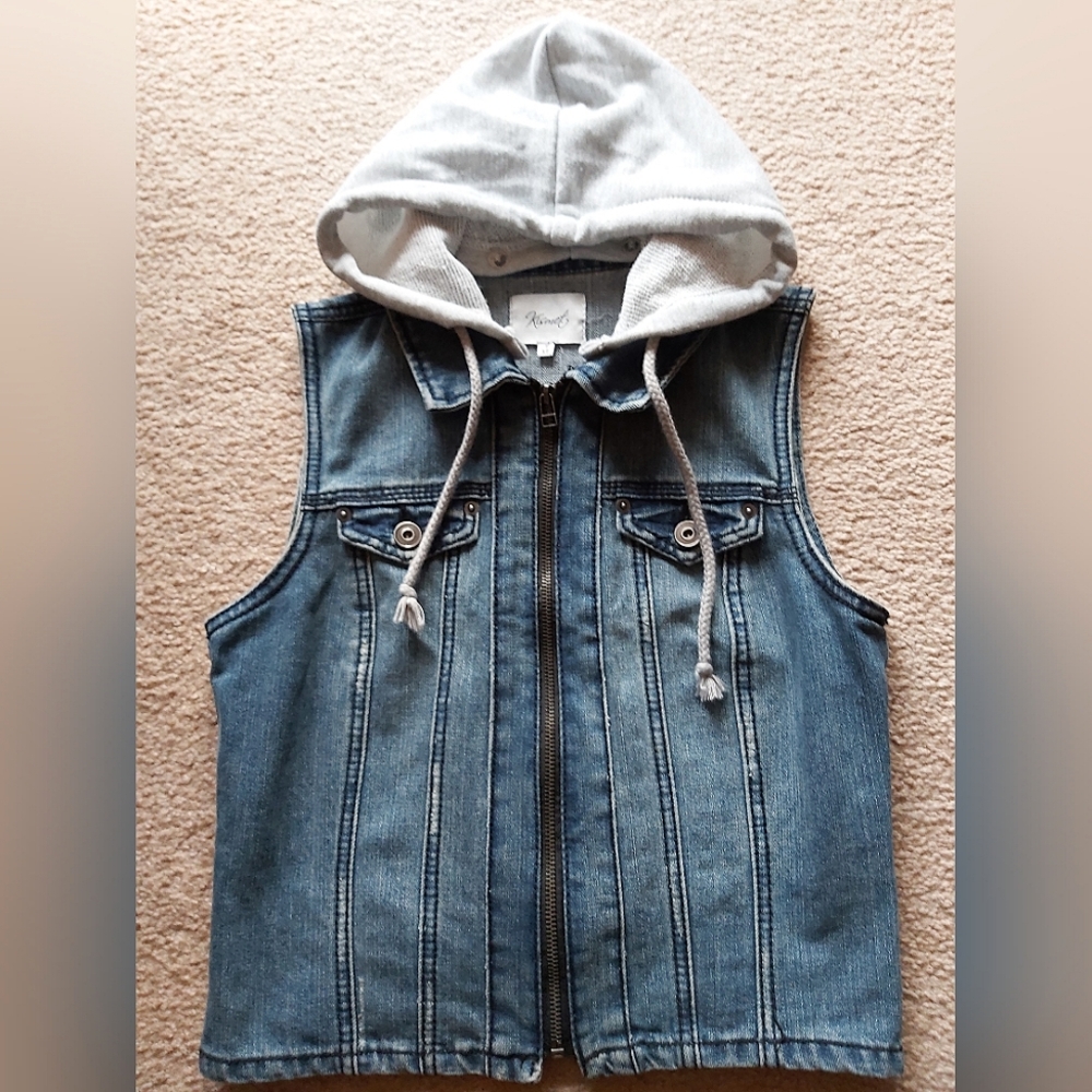 Kismet Distressed Hooded Zip Up Denim Vest